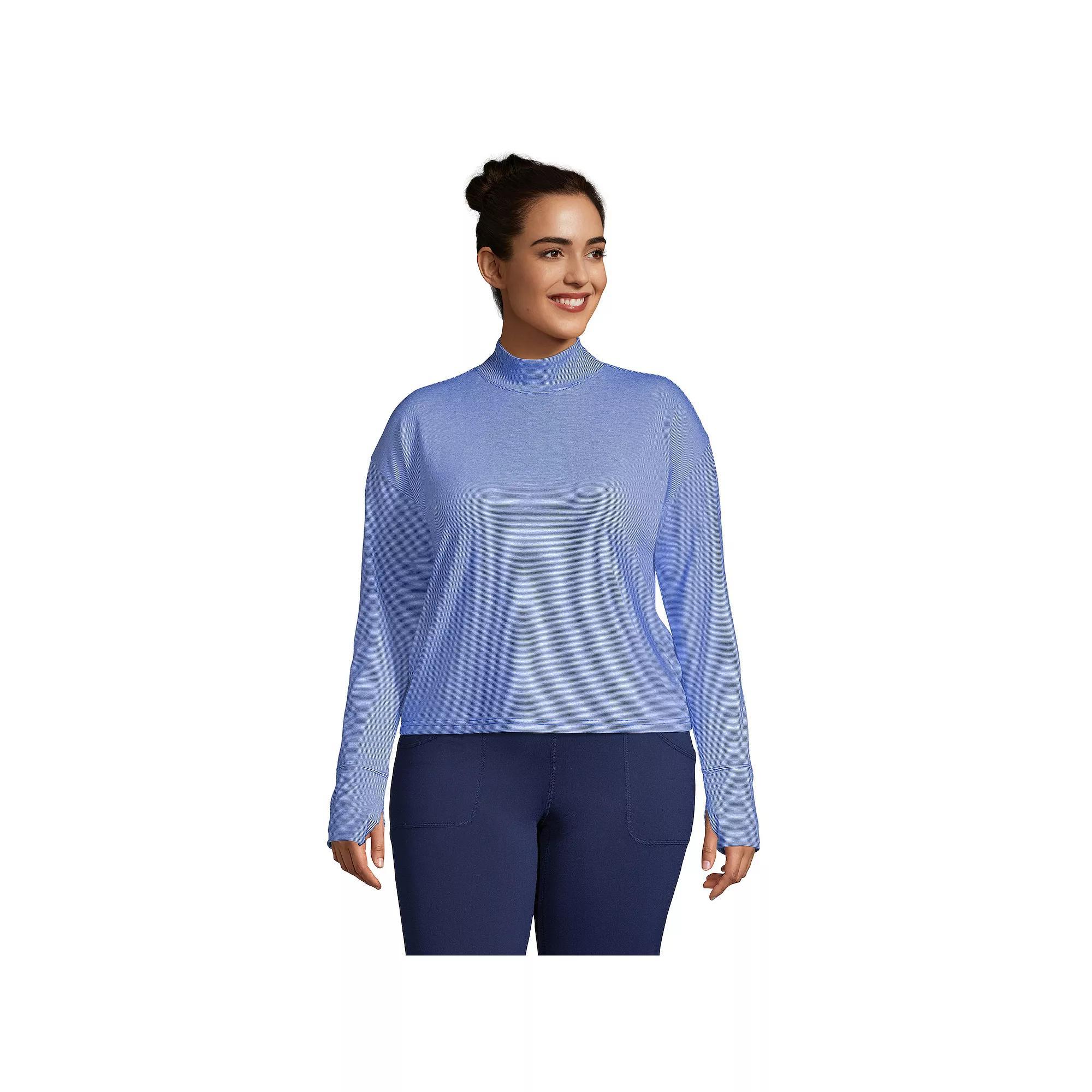 Plus Size Lands' End Performance Mockneck Tee, Women's, Size: 1XL, Blue Pinstripe Product Image