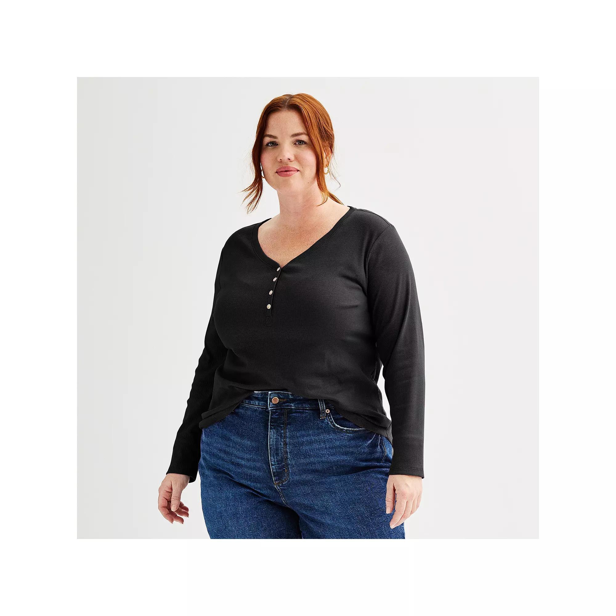 Plus Size Sonoma Goods For Life® Ribbed Long Sleeve Henley, Women's, Size: 0X, Pitch Black Product Image