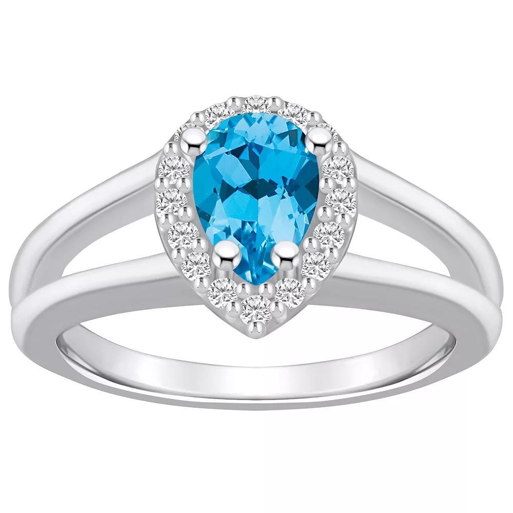 Alyson Layne 10k White Gold Pear Shape Gemstone 1/6 Carat T.W. Diamond Halo Ring, Women's, Size: 8, Blue Topaz Product Image