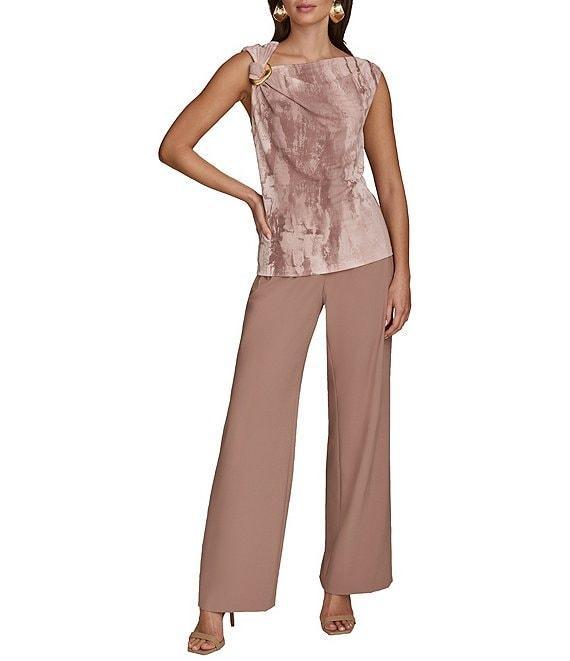 Donna Karan Mink Multi Printed Crepe Jersey Gold Hardware Twist Front Asymmetrical Neck Sleeveless Top Product Image