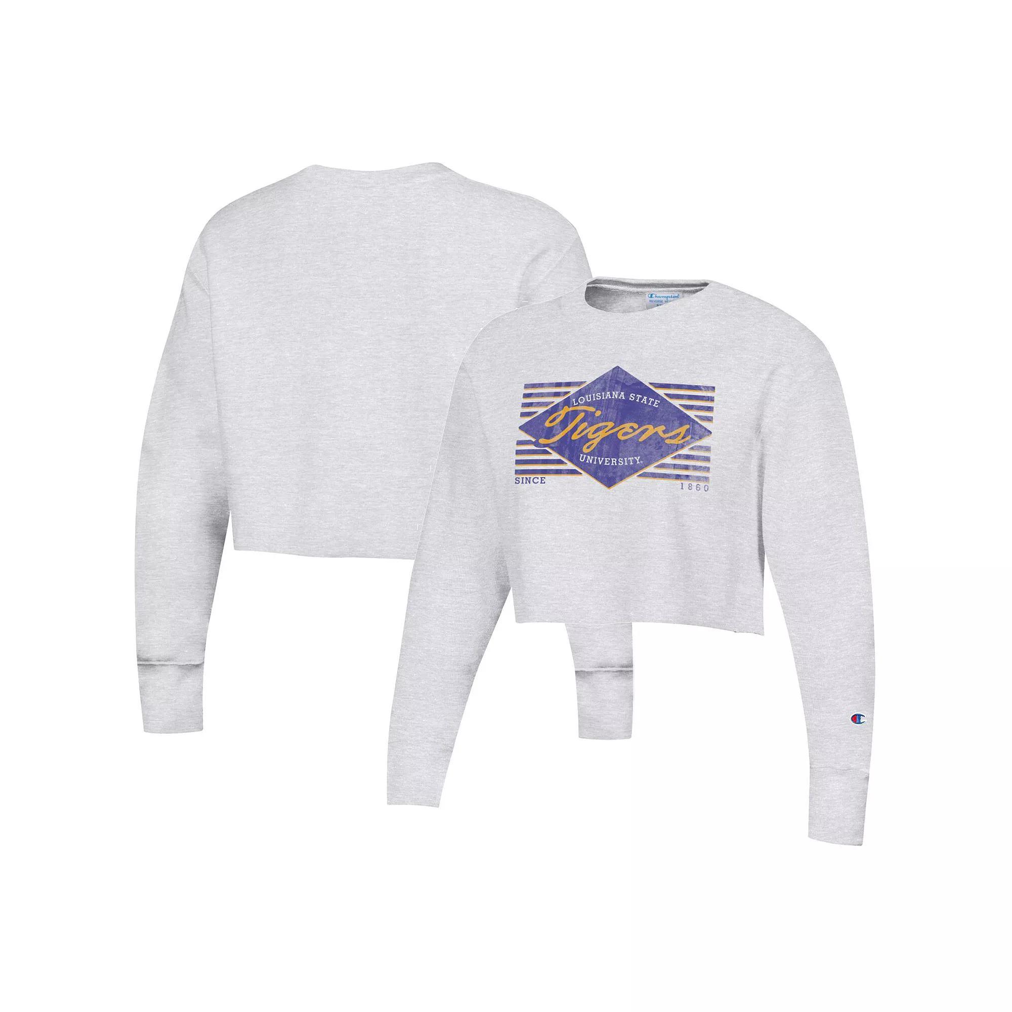 Women's Champion Heather Gray LSU Tigers Reverse WeaveÂ Cropped Pullover Sweatshirt,  Product Image
