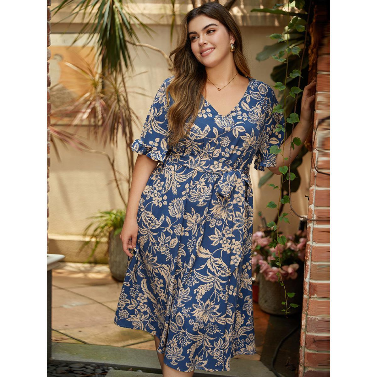 Plus Size Silhouette Floral Print Belted Flutter Trim Dress DarkBlue Women Vacation Gathered V-neck Short sleeve Curvy Midi Dress BloomChic 26/4X Product Image