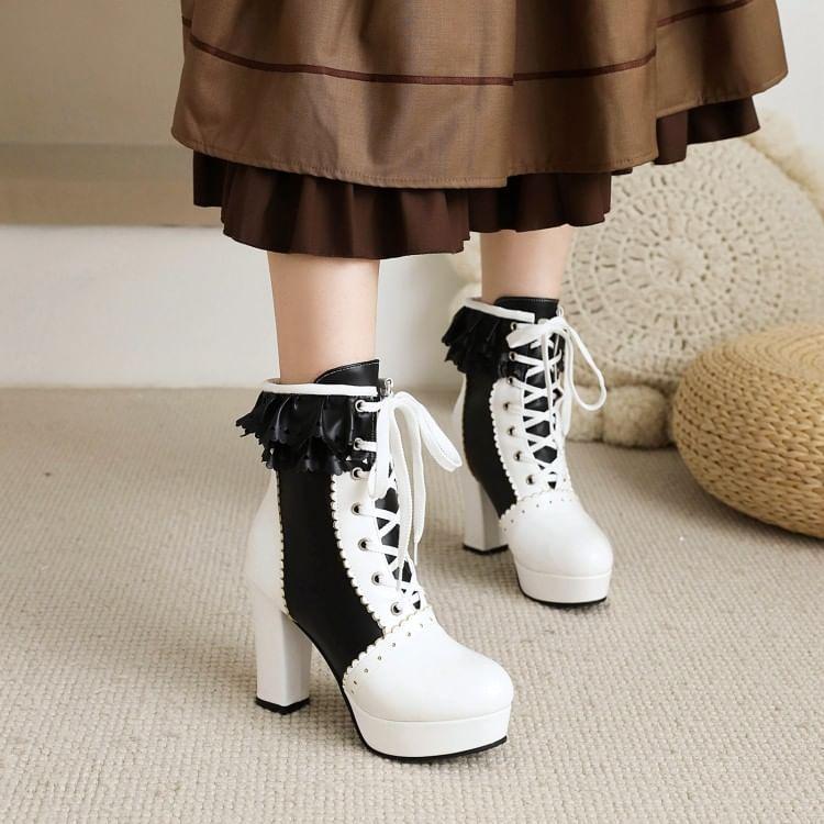 Block Heel Frill Trim Ankle Boots Product Image