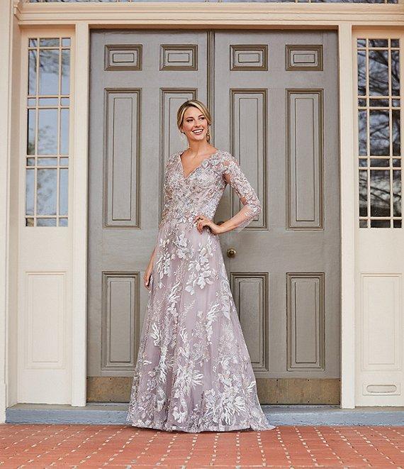 Mac Duggal Appliqued Illusion Long Sleeve A Line Gown Product Image