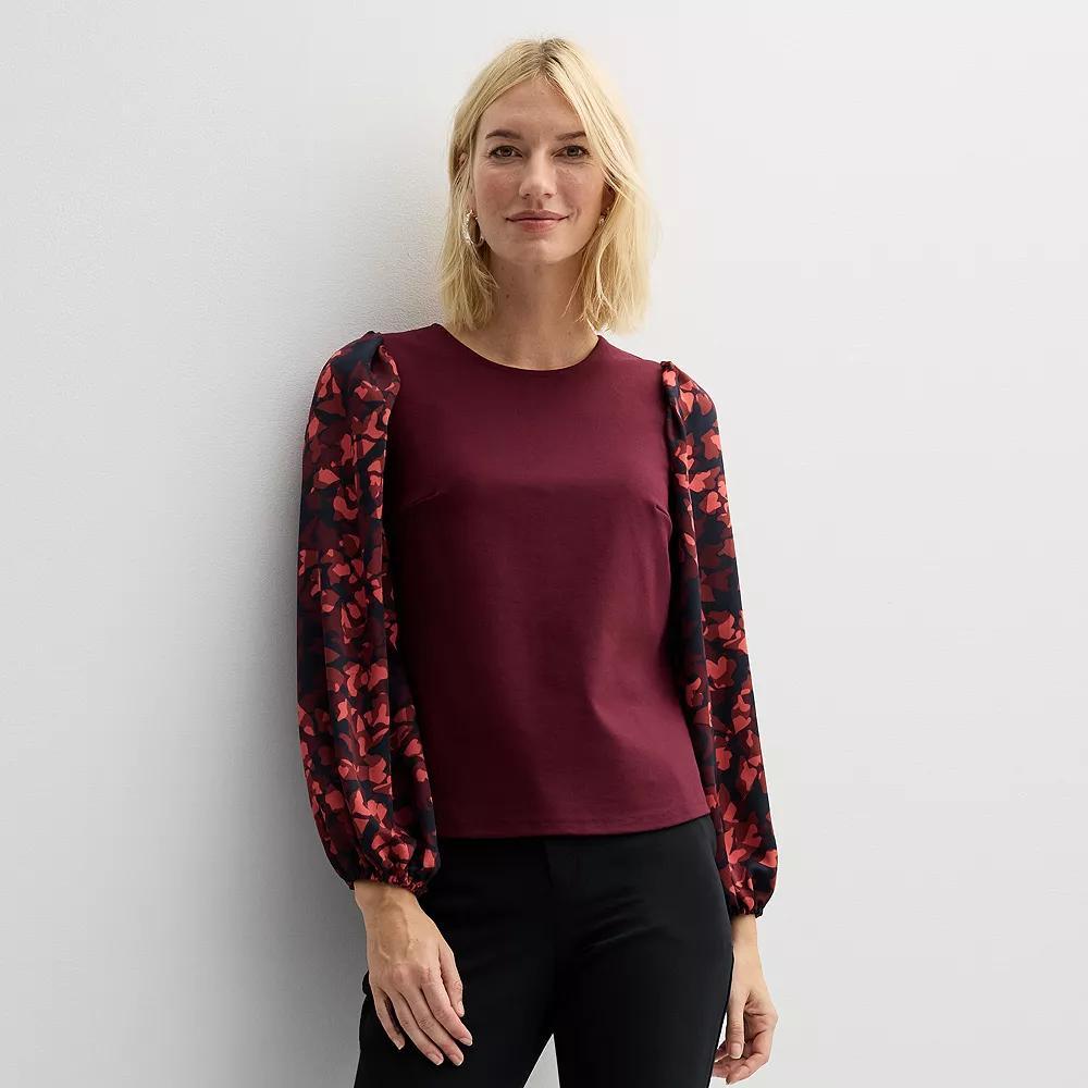 Petite Nine West Puff-Sleeve Mixed Media Top, Women's, Size: XS Petite, Pink Foliage Abstract Product Image