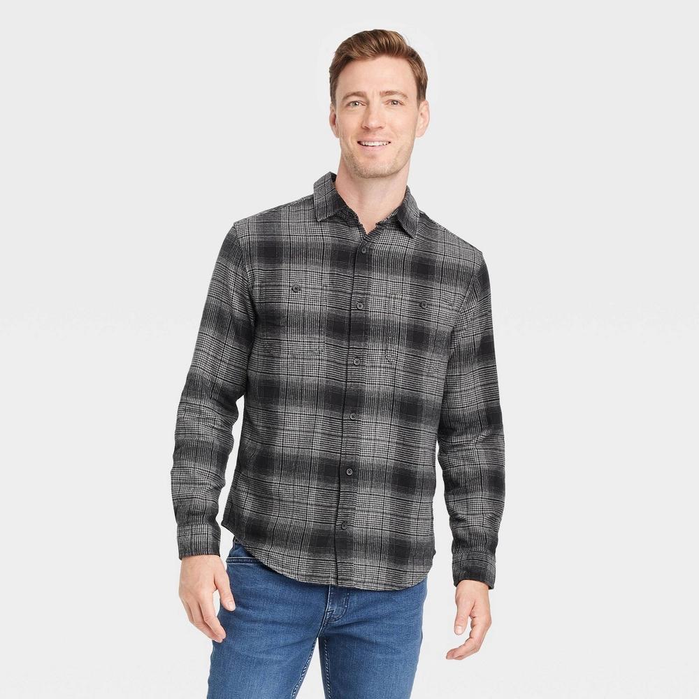 Mens Mid-Weight Flannel Long Sleeve Button-Down Shirt - Goodfellow & Co Midnight Black Product Image