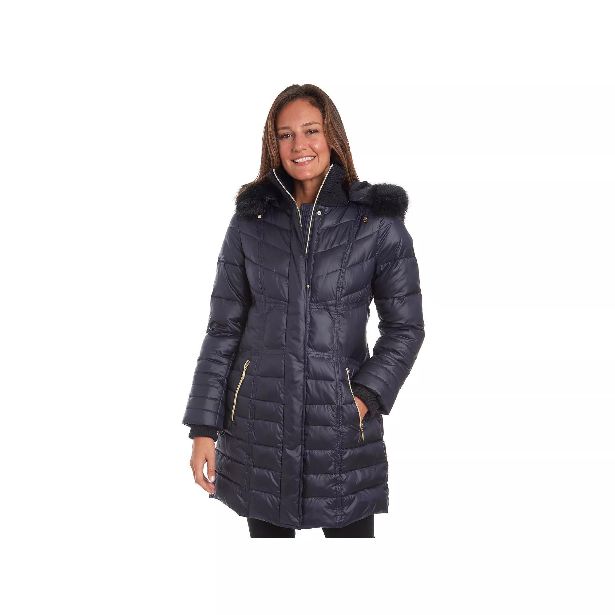 Womens Fleet Street Long Faux Down Coat with Detachable Faux Fur Trimmed Hood Blue Product Image