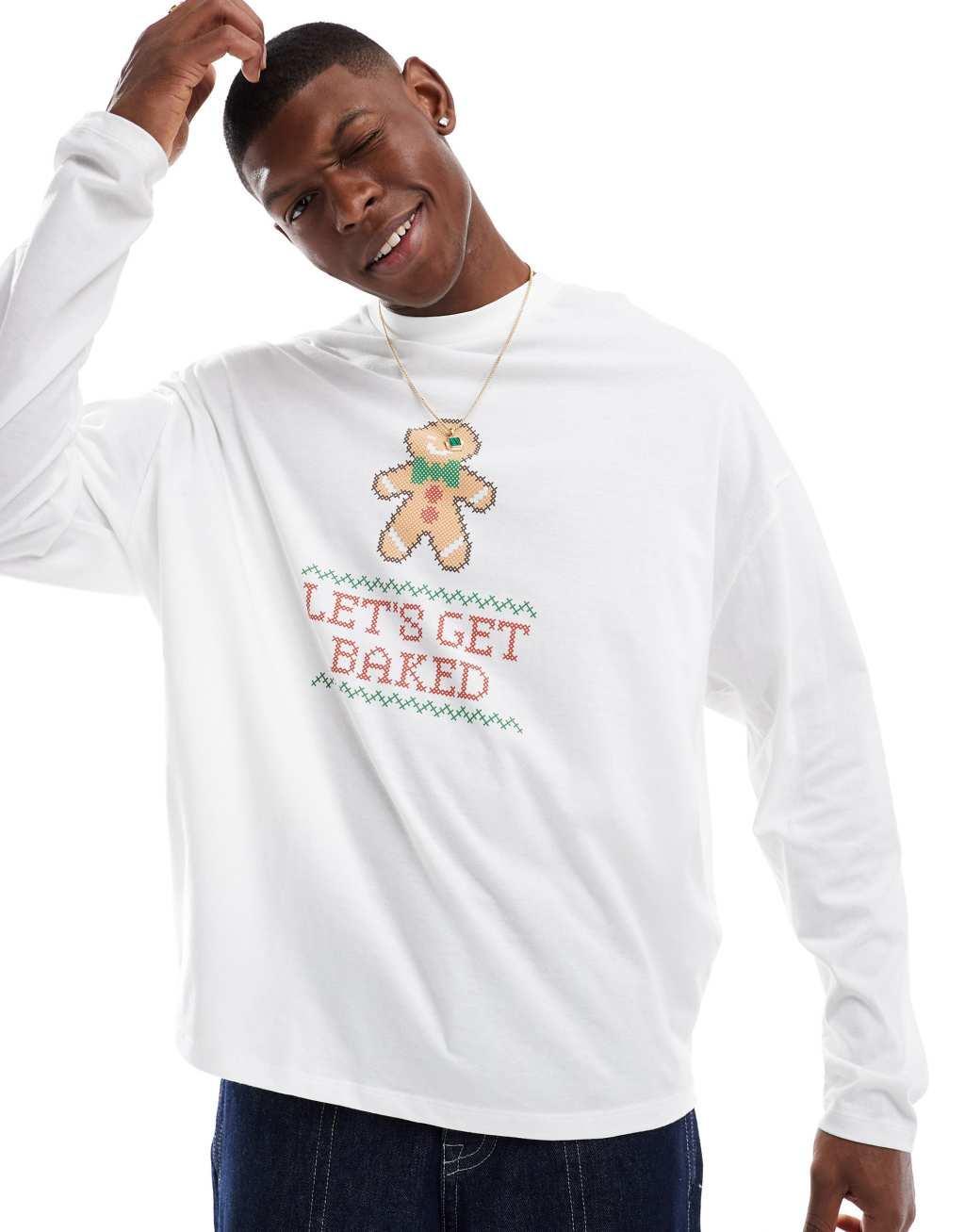 ASOS DESIGN oversized long sleeve t-shirt with Christmas graphic in white Product Image