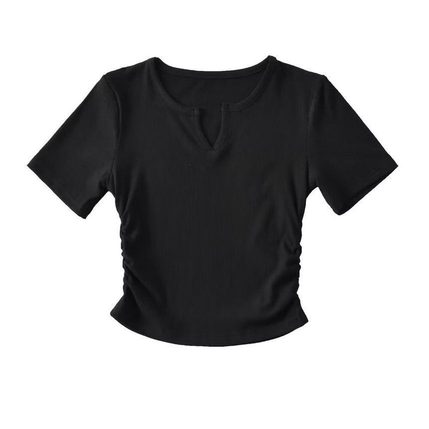 Short-Sleeve Notch Neck Plain T-Shirt Product Image