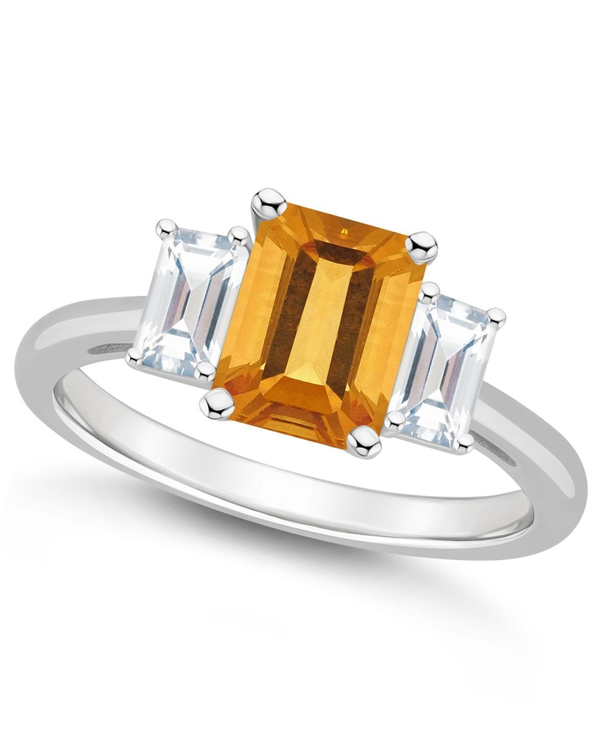 Alyson Layne Sterling Silver 8 mm x 6 mm Emerald Cut Gemstone & White Topaz Three-Stone Ring, Women's, Size: 10, Citrine Product Image