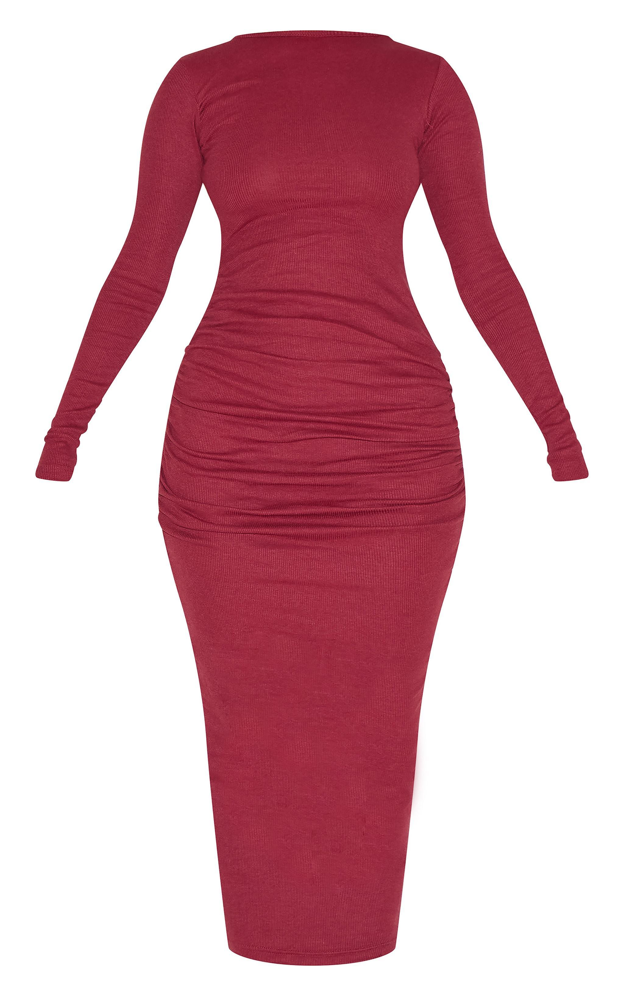 Burgundy Ribbed Ruched Detail Long Sleeve Maxi Product Image