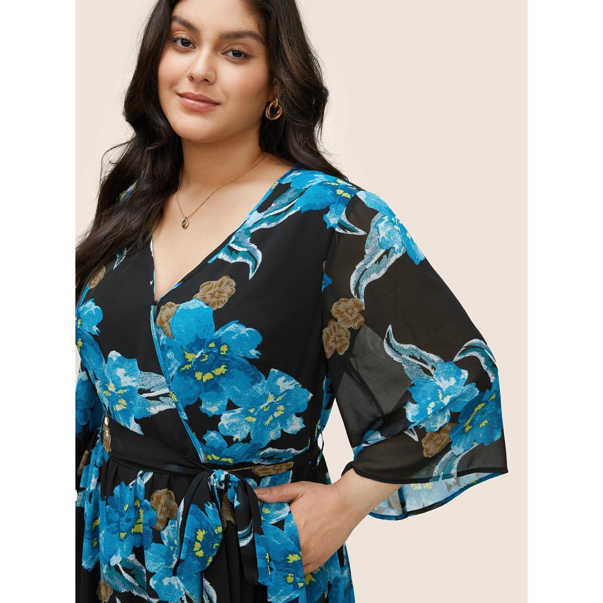 Plus Size Floral Print Surplice Neck Belted Mesh Dress Black Women Elegant Non Overlap Collar Elbow-length sleeve Curvy Midi Dress BloomChic 30/6X Product Image