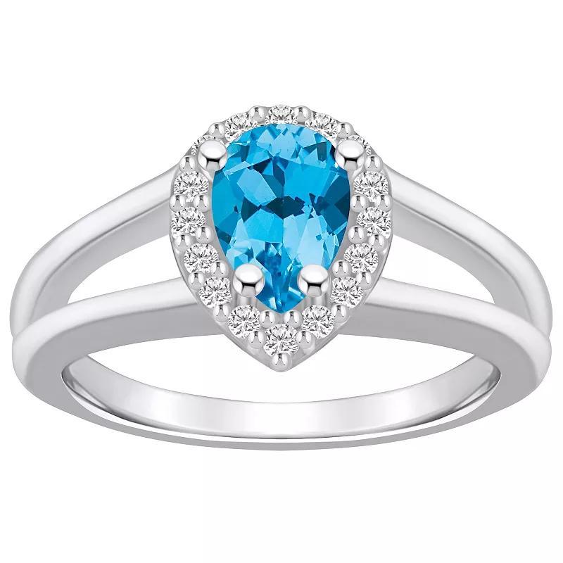 Alyson Layne 10k White Gold Pear Shape Gemstone 1/6 Carat T.W. Diamond Halo Ring, Women's, Size: 8, Blue Topaz Product Image