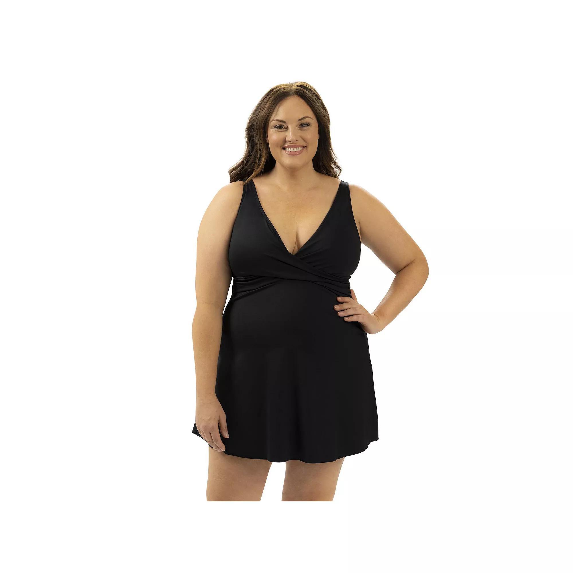 Womens Dolfin V-Neck Wrap Front One-Piece Swim Dress with Waistband Product Image