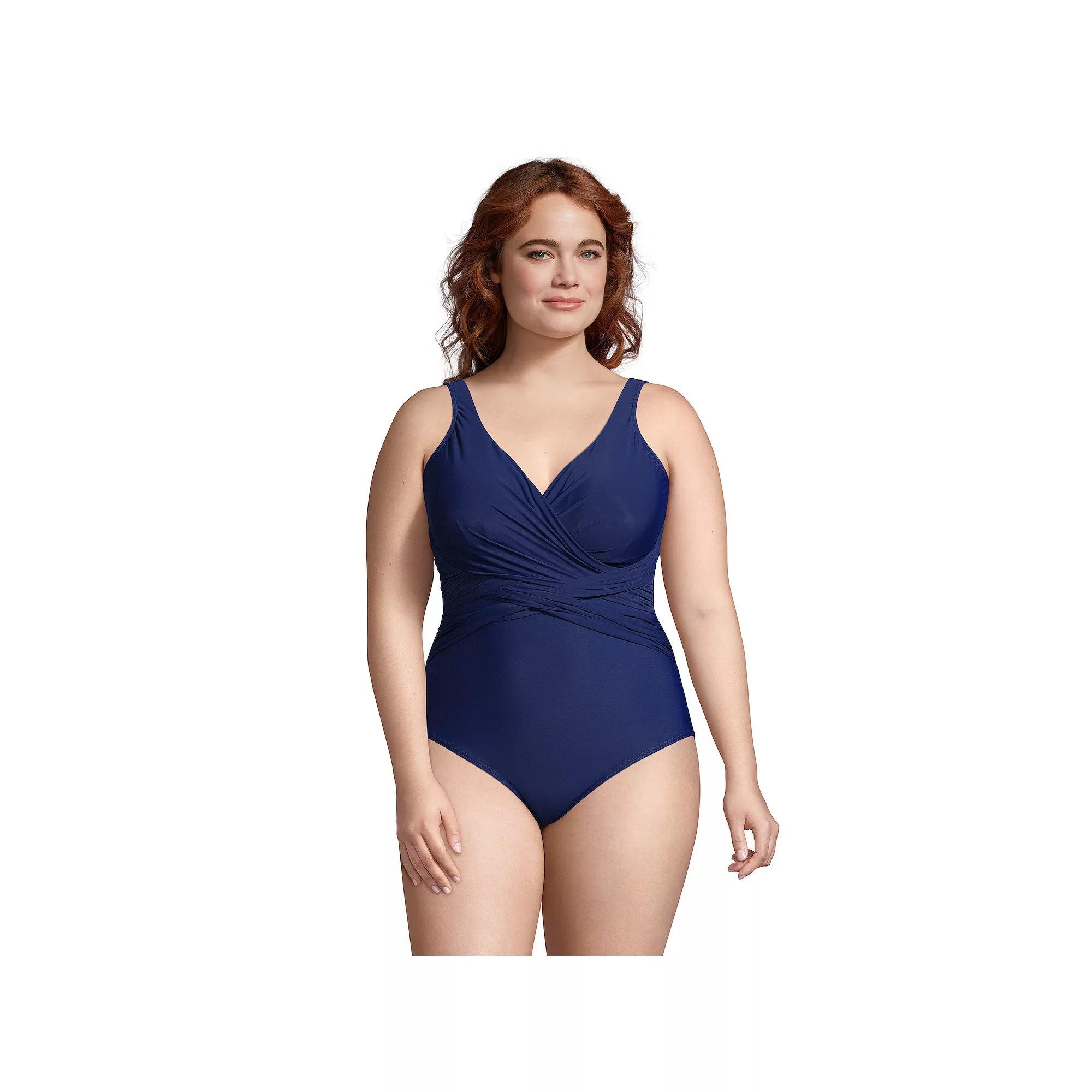 Plus Size Lands' End SlenderSuit Tummy Control Surplice One-Piece Swimsuit, Women's, Size: 16 W, Deep  Blue Product Image