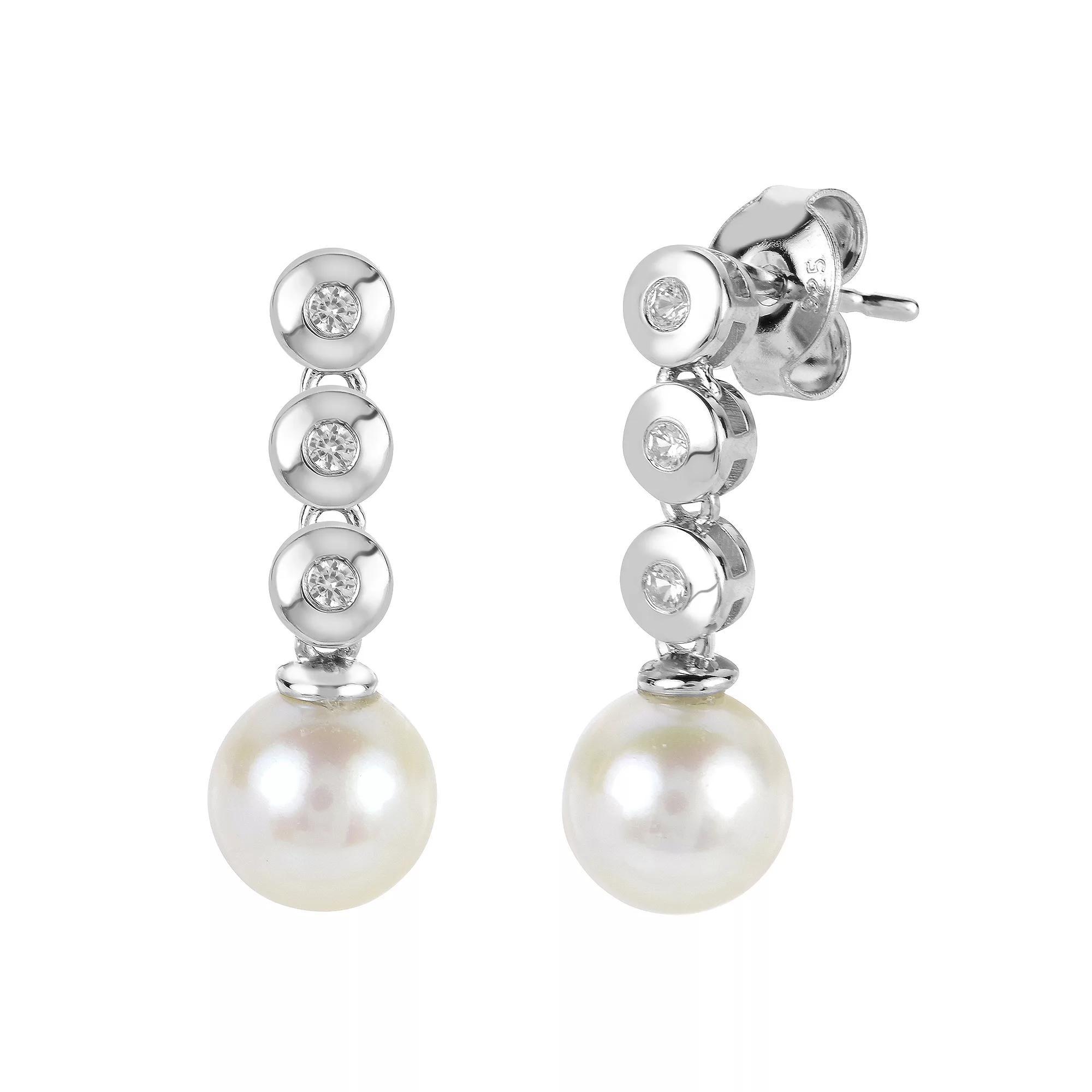 PearLustre by Imperial Sterling Silver Freshwater Cultured Pearl & Lab-Created White Sapphire Drop Earrings, Womens Product Image