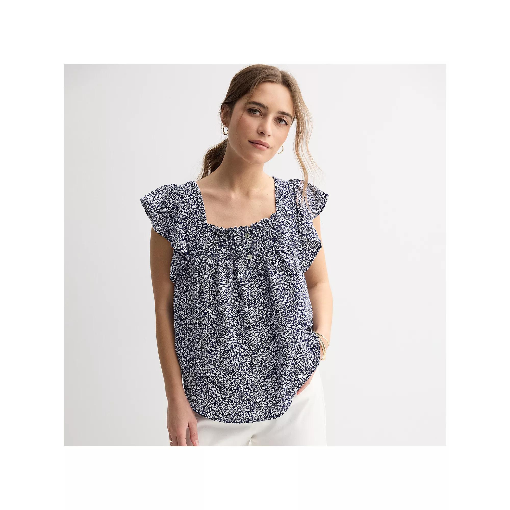 Women's Draper James Flutter Sleeve Smocked Top, Size: XL, Blue Ditzy Product Image