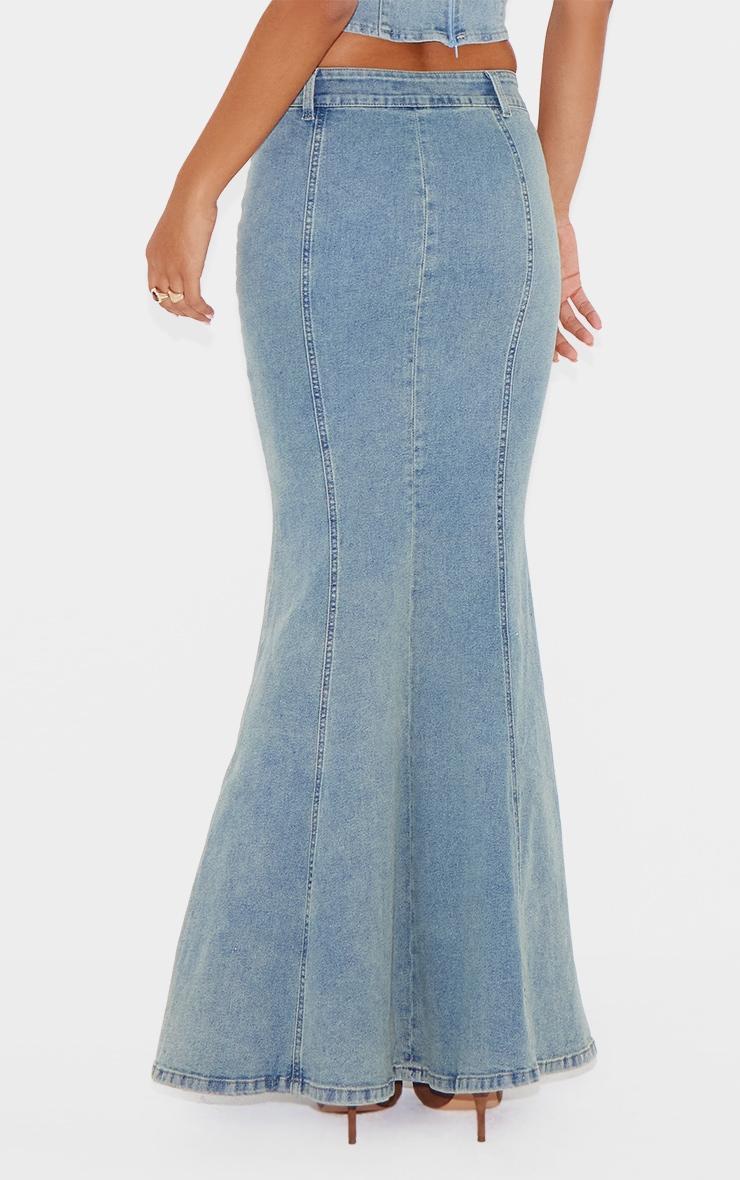 Light Blue Vintage Wash Seam Detail Split Maxi Skirt Product Image