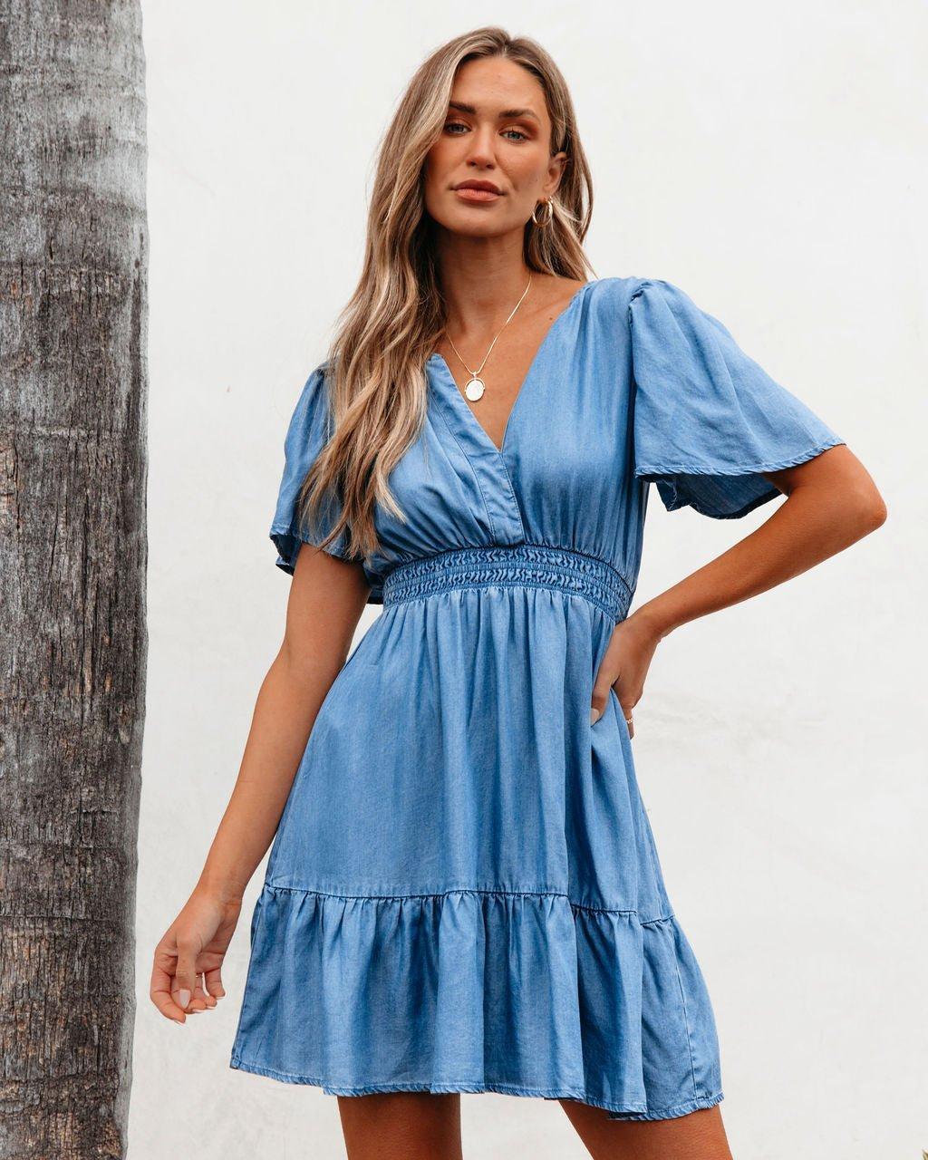 Chambray Split Neck Smocked Mini Dress - DOORBUSTER Product Image