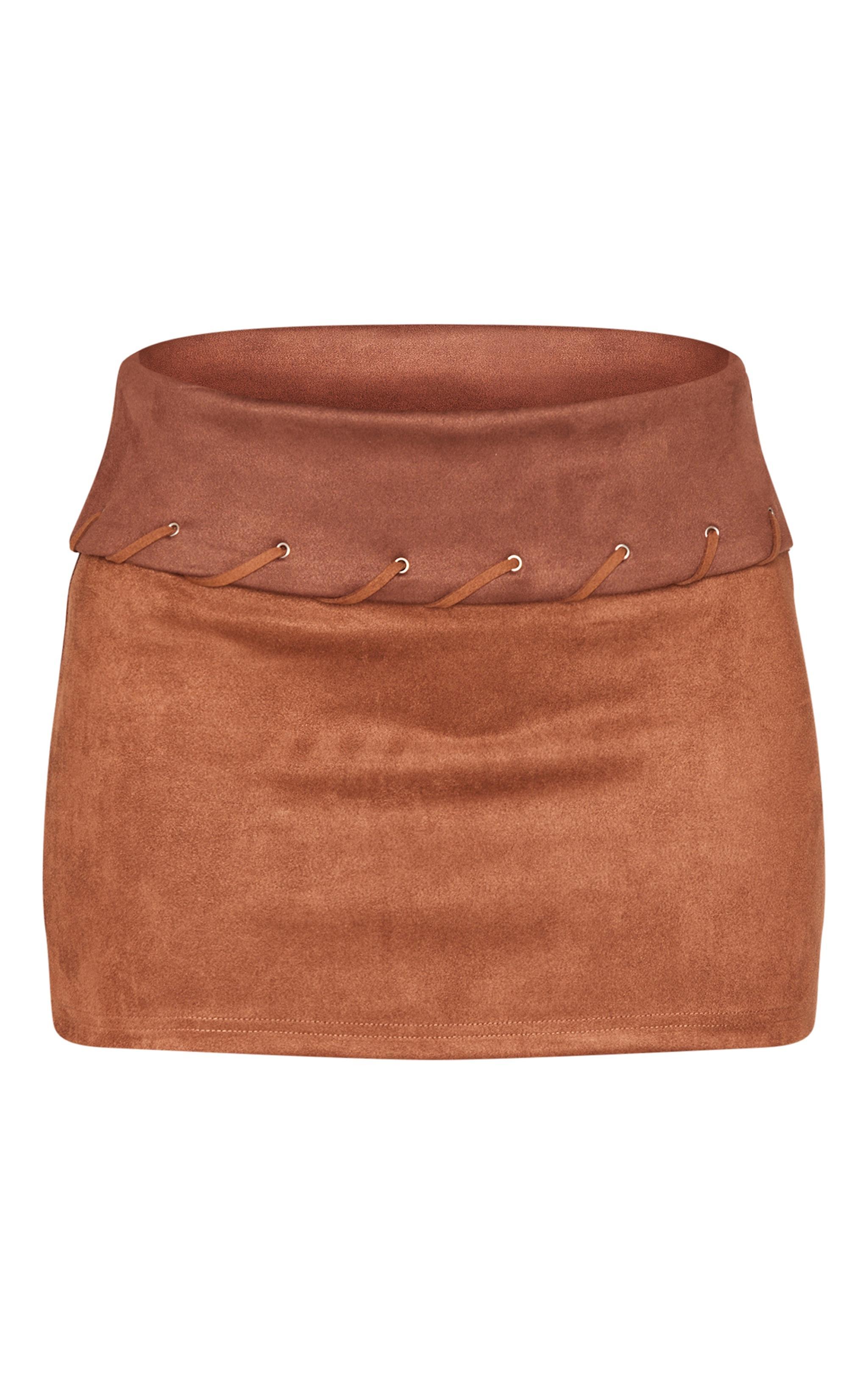 Brown Faux Suede Contrast Fold Over Stitch Detail Mini Skirt Product Image