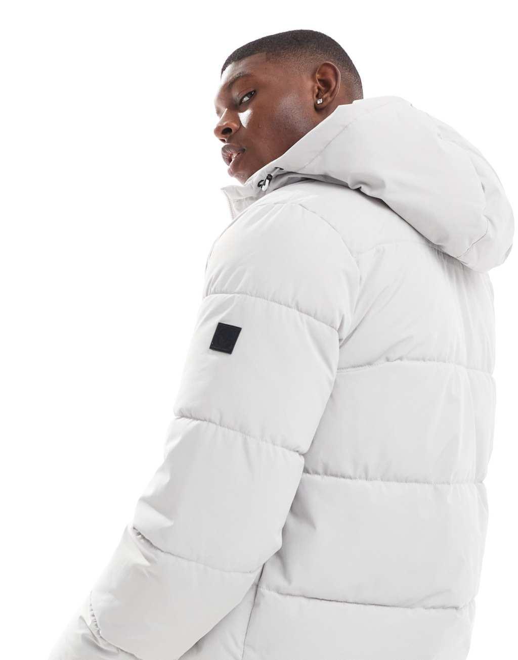 ONLY & SONS padded coat with hood & utility pockets in ice gray Product Image