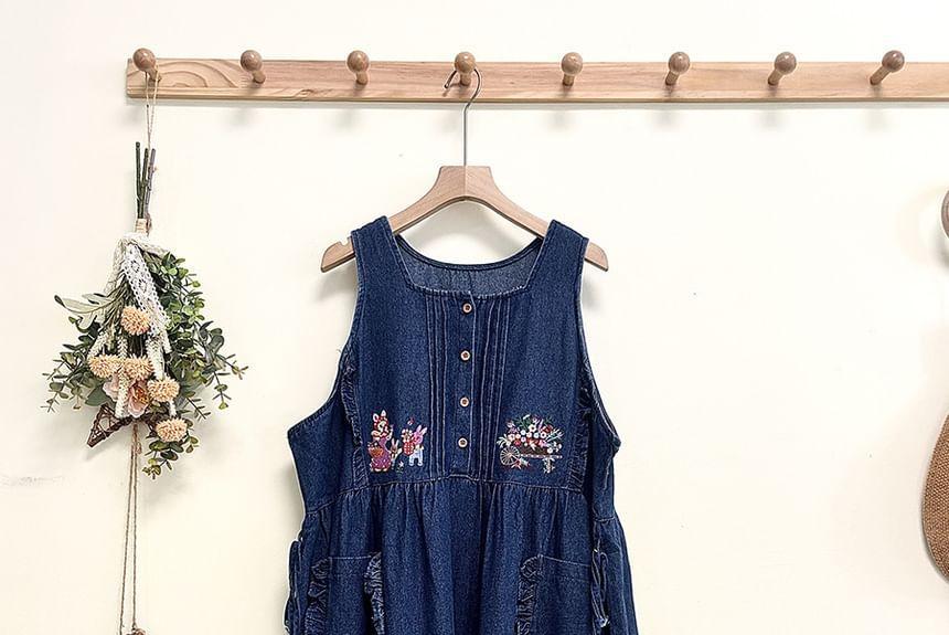 Square Neck Rabbit Embroidered Frill Trim Washed Denim Maxi Jumper Dress Product Image