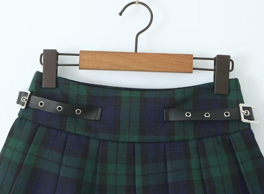 Mid Rise Plaid Buckled Lace Ruffle Mini A-Line Skirt Product Image