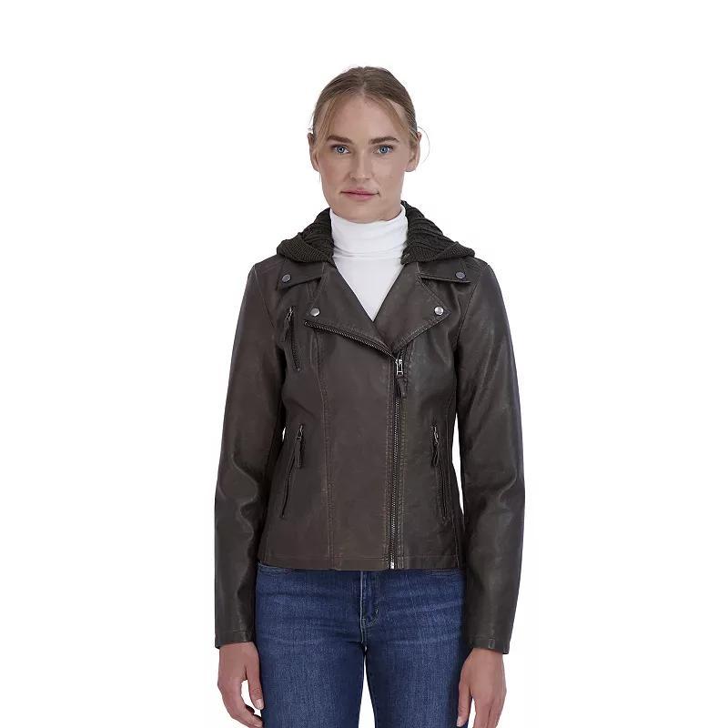 Women's Sebby Collection Hooded Faux-Leather Moto Jacket, Size: Large, Brown Product Image
