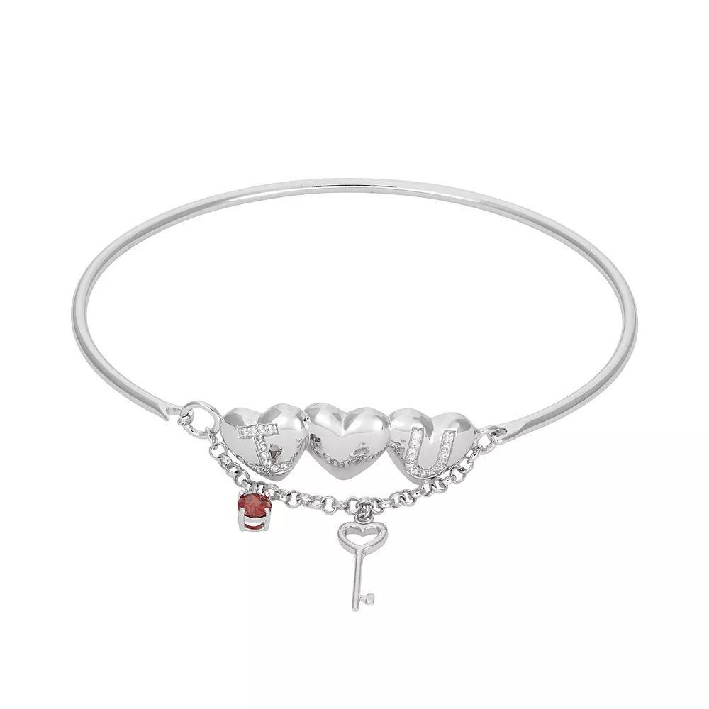 Cubic Zirconia Sterling Silver Heart & Key Charm Bangle Bracelet, Women's, Size: 7.5", Red Product Image