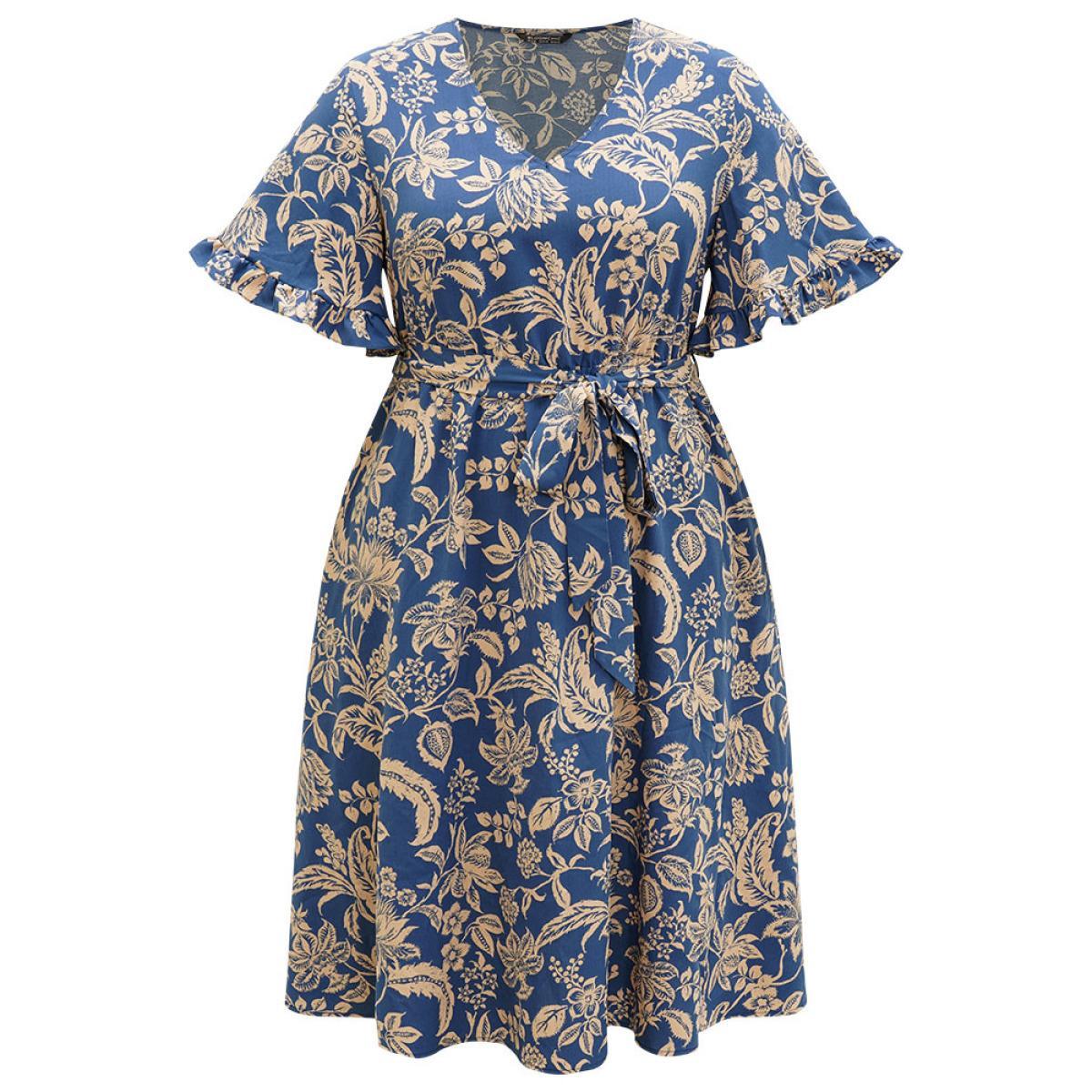 Plus Size Silhouette Floral Print Belted Flutter Trim Dress DarkBlue Women Vacation Gathered V-neck Short sleeve Curvy Midi Dress BloomChic 26/4X Product Image