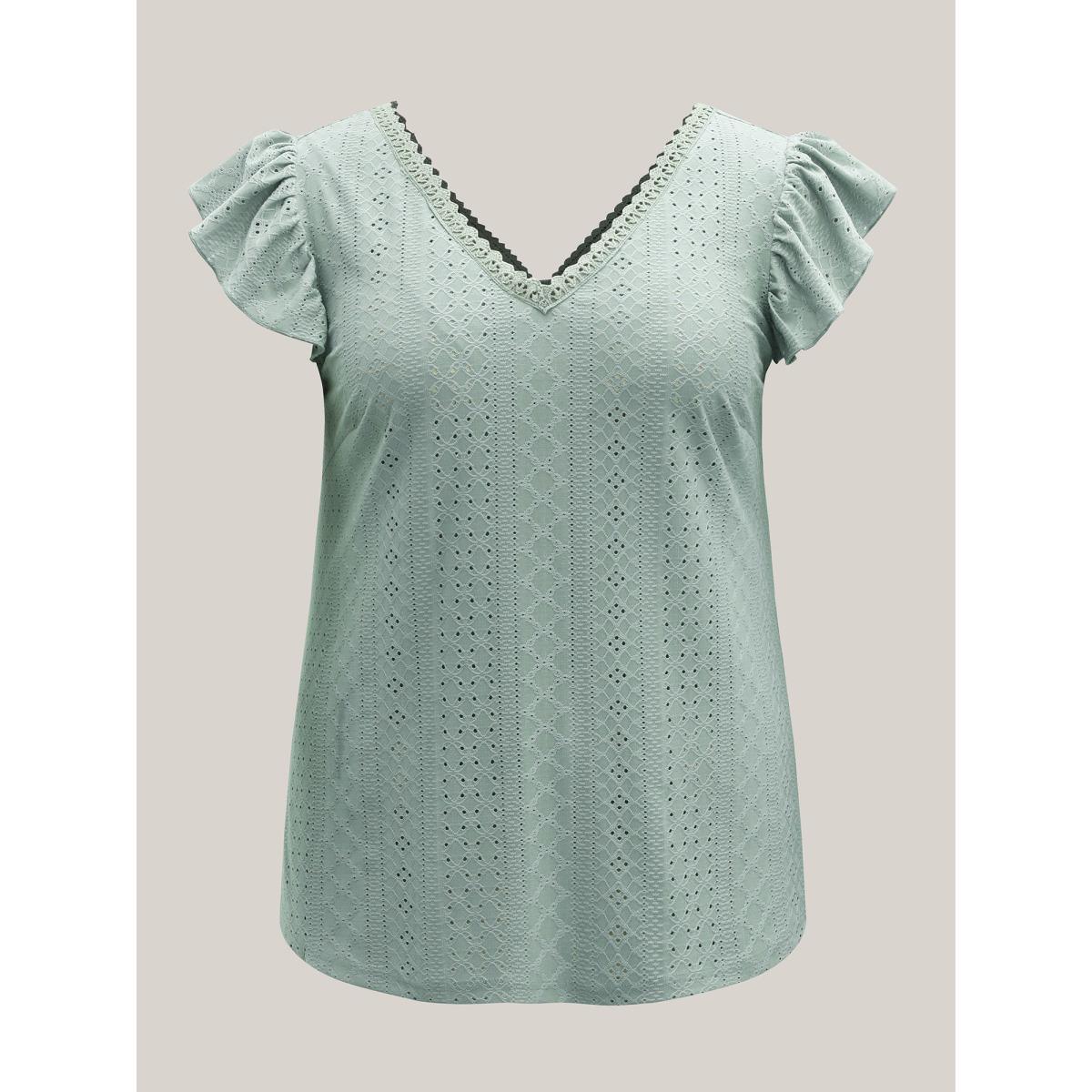 Plus Size Eyelet Trim Flutter Sleeve Backless T-Shirt Greenbean Women Leisure Woven ribbon&lace trim V-neck Casual T-shirts BloomChic 28/5X Product Image