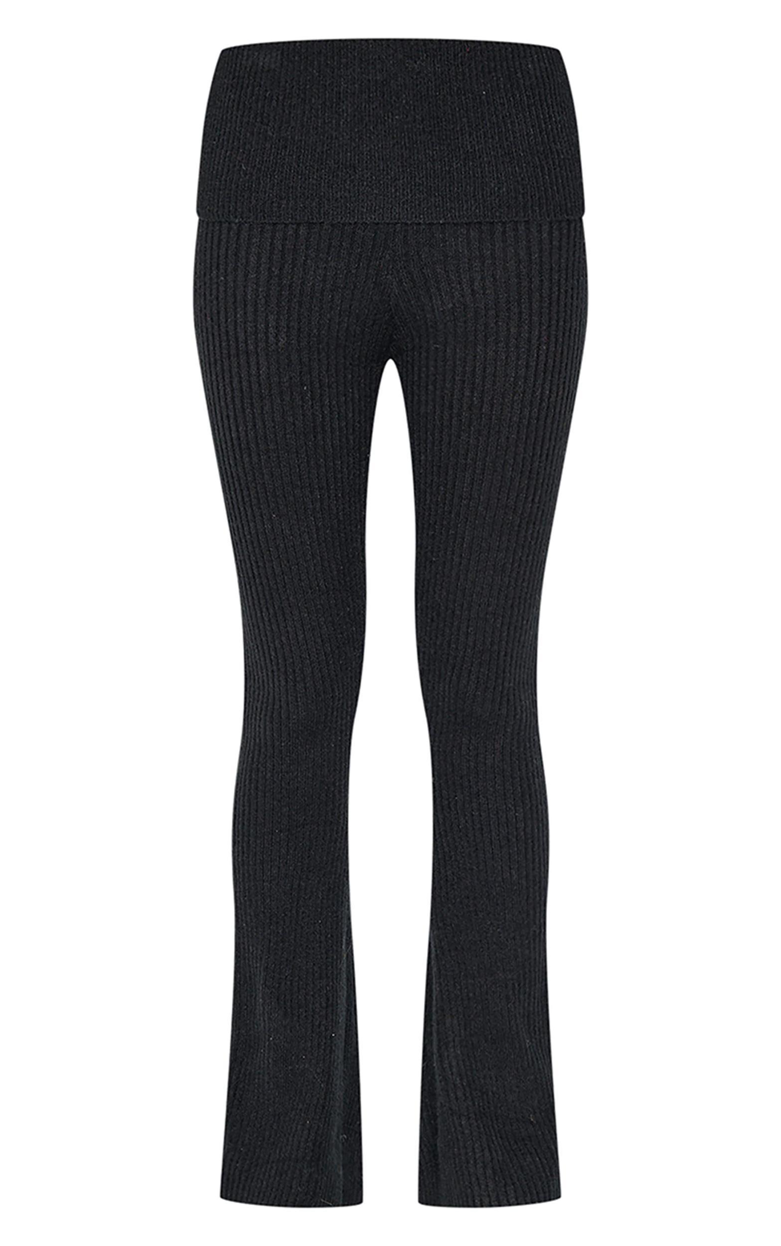 Black Flared Leg Knitted Fold Over Waist Pants Product Image
