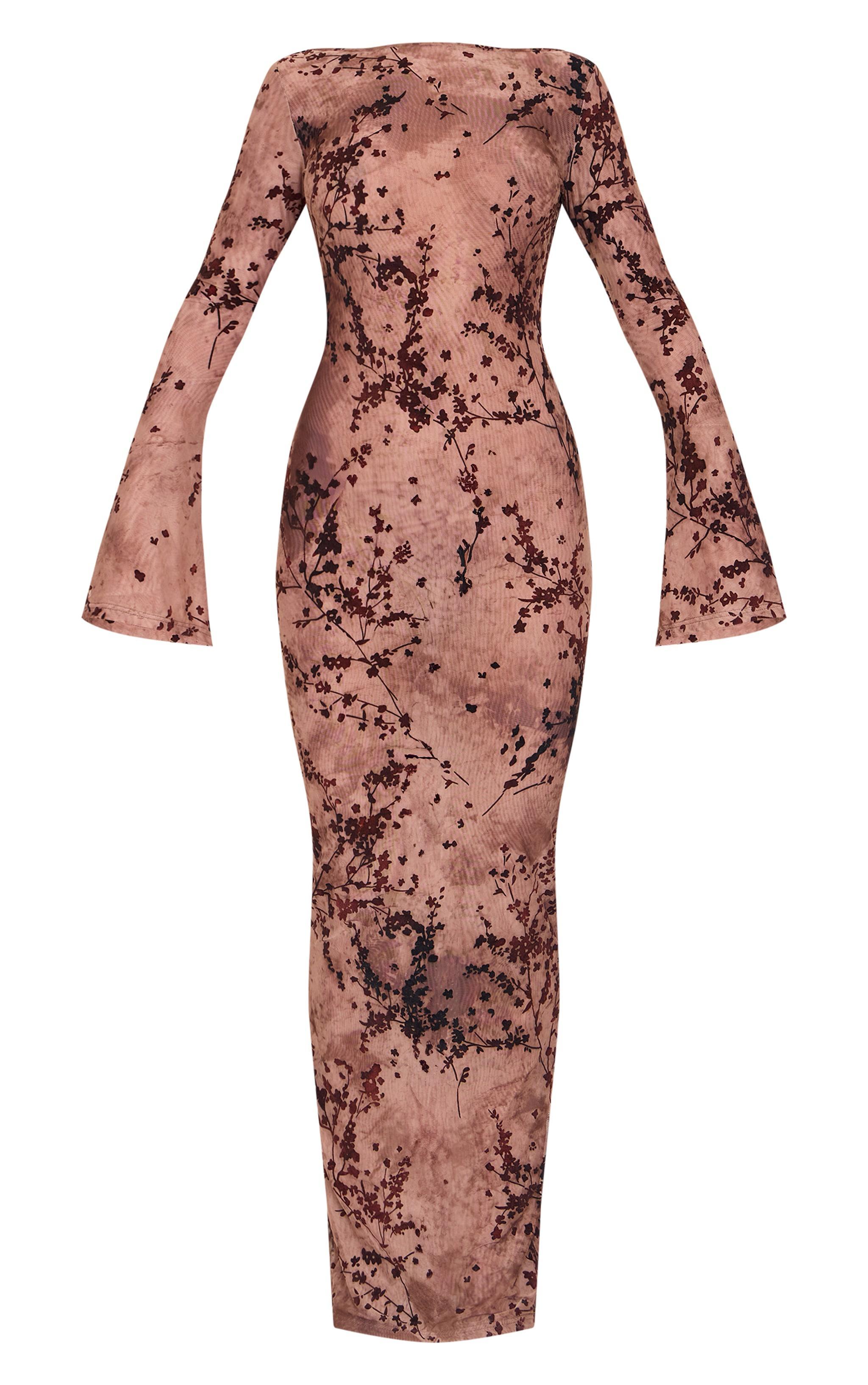 Brown Floral Textured Devore Long Sleeve Tie Back Maxi Dress Product Image