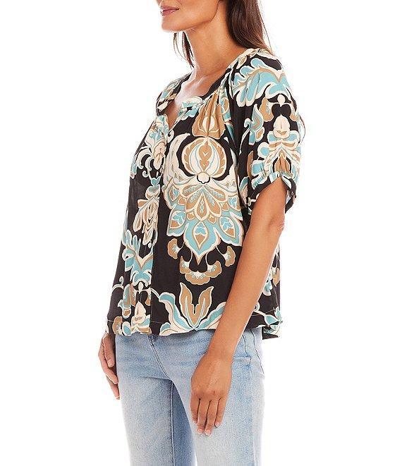 Karen Kane Petite Size Floral Scoop Neck Short Puff Sleeve Button Front Peasant Top Product Image