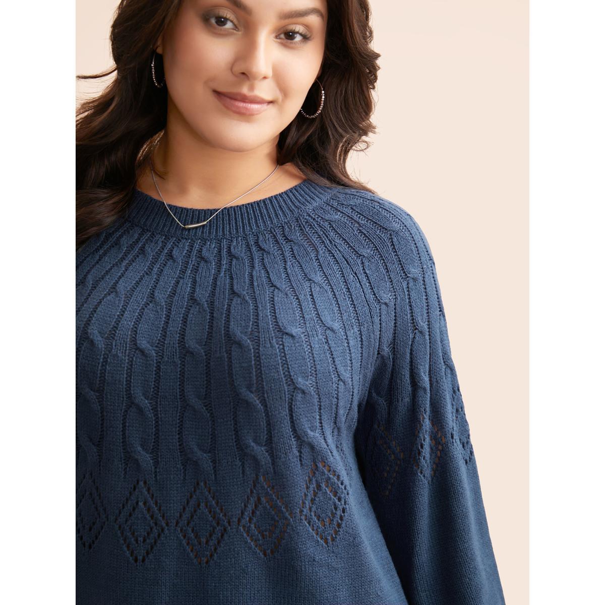 Plus Size Texture Cable Knit Lantern Sleeve Pullover Indigo Women Casual Loose Long Sleeve Round Neck Everyday Pullovers BloomChic 30/6X Product Image