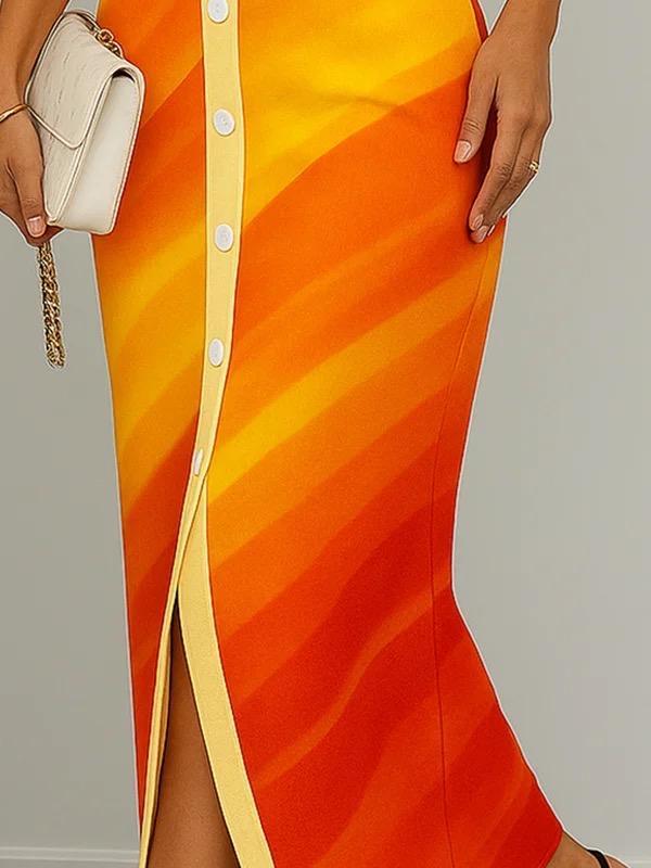 Bodycon Sleeveless Buttoned Contrast Color Notched Collar Maxi Dresses Product Image