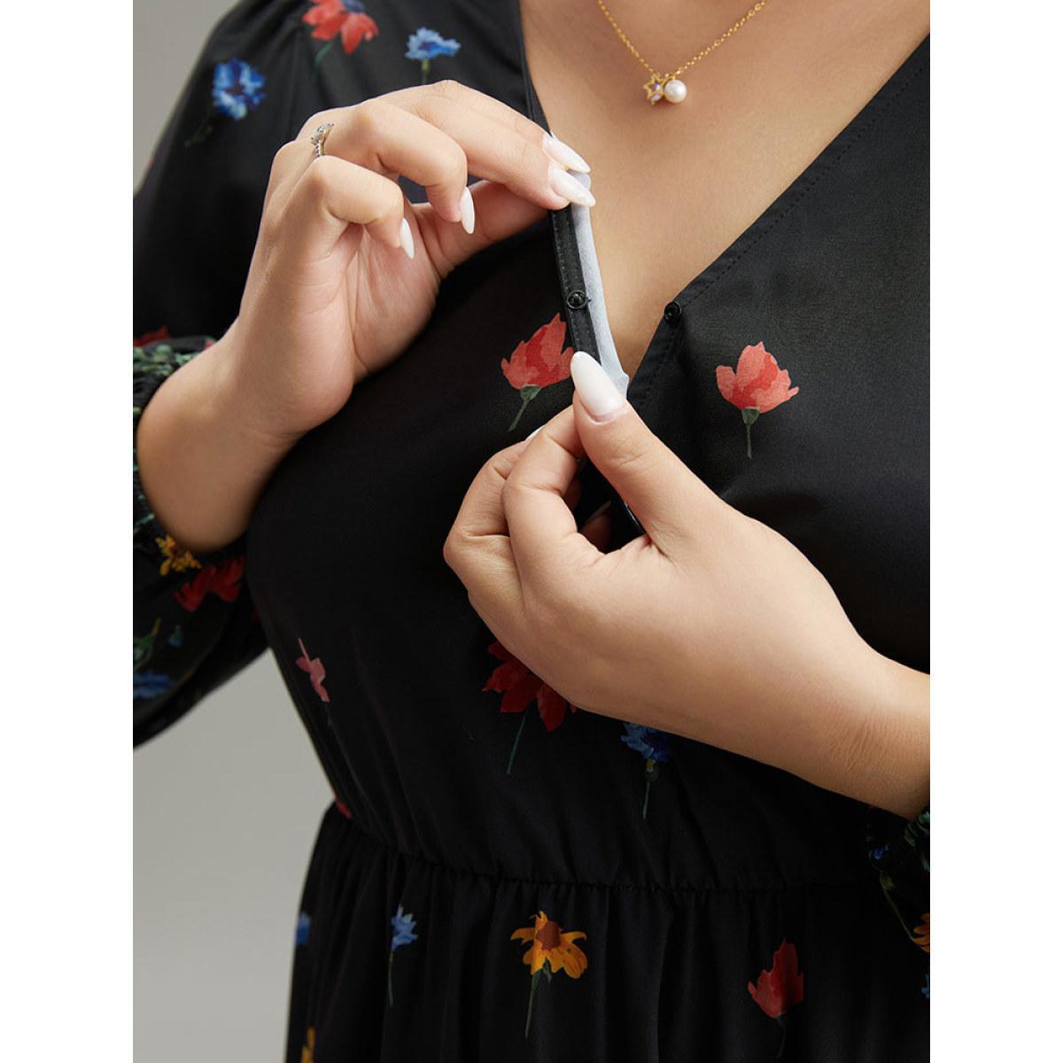 Plus Size Boho Print Overlap Collar Lantern Sleeve Dress Black Women Elegant Elastic cuffs Overlap Collar Long Sleeve Curvy Midi Dress BloomChic 18-20/2X Product Image