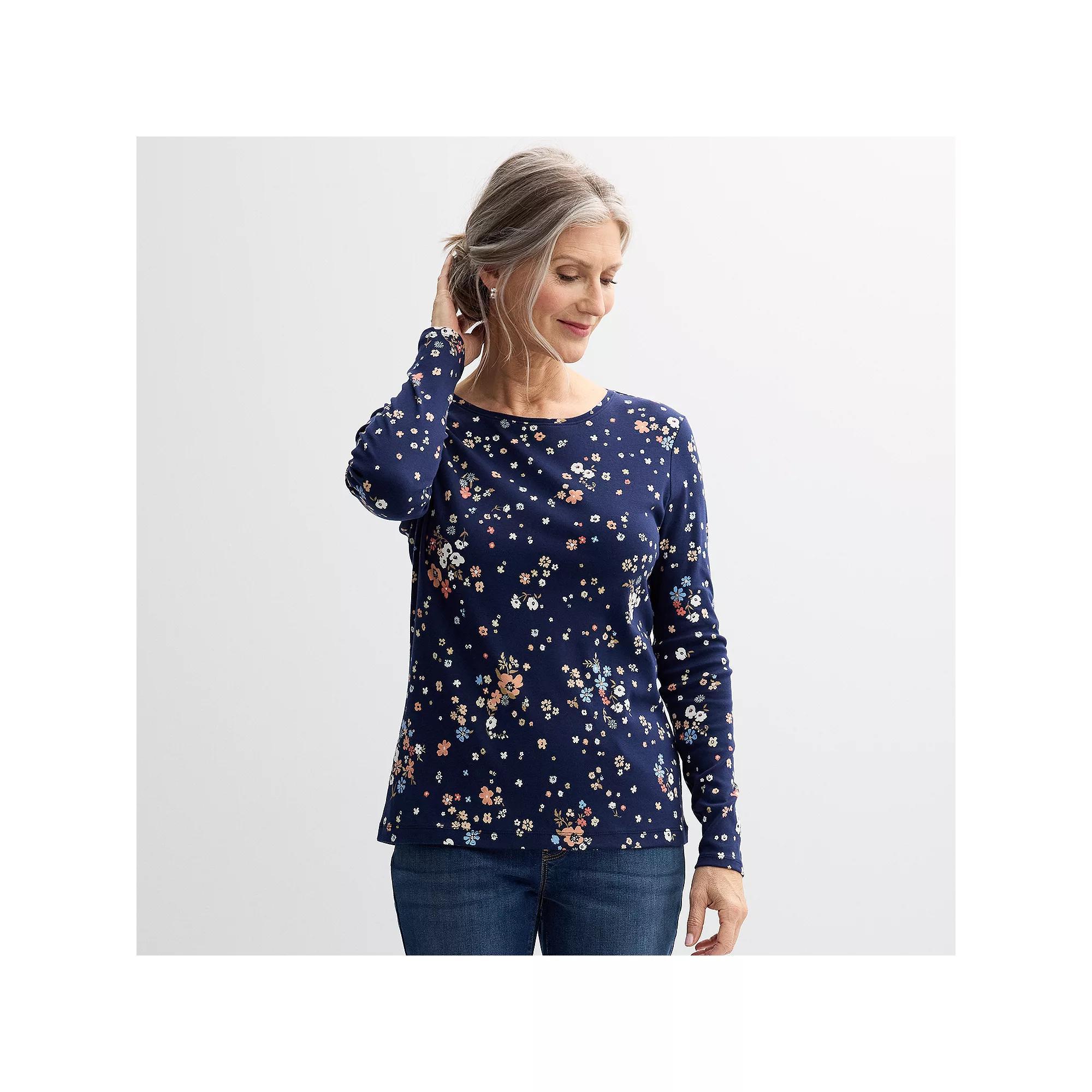 Petite Croft & Barrow® Crewneck Long-Sleeve Tee, Women's, Size: Medium Petite, Red Pink Tiny Blooms Product Image