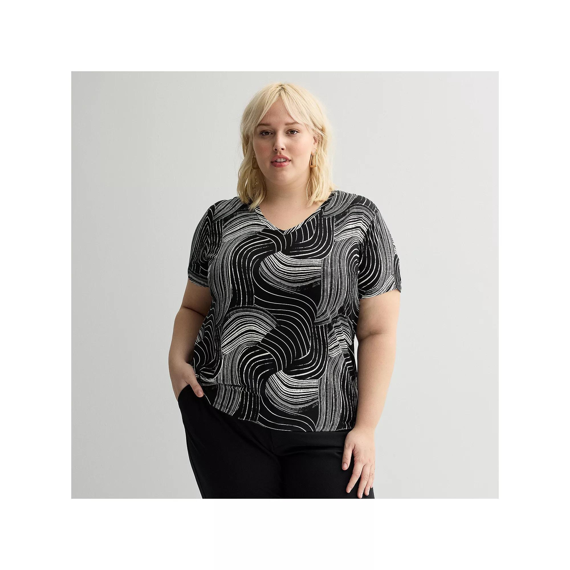 Plus Size Nine West Essential Soft Spun Short Sleeve V-Neck Tee, Women's, Size: 1XL, Black Midcomb Abstract Product Image