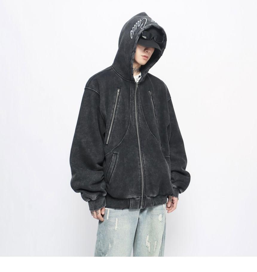 Letter Embroidered Zip Oversized Hoodie Product Image