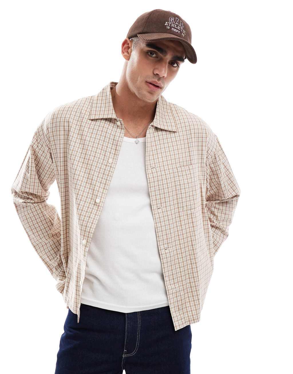 Jack & Jones cropped oversize shirt in neutral check Product Image