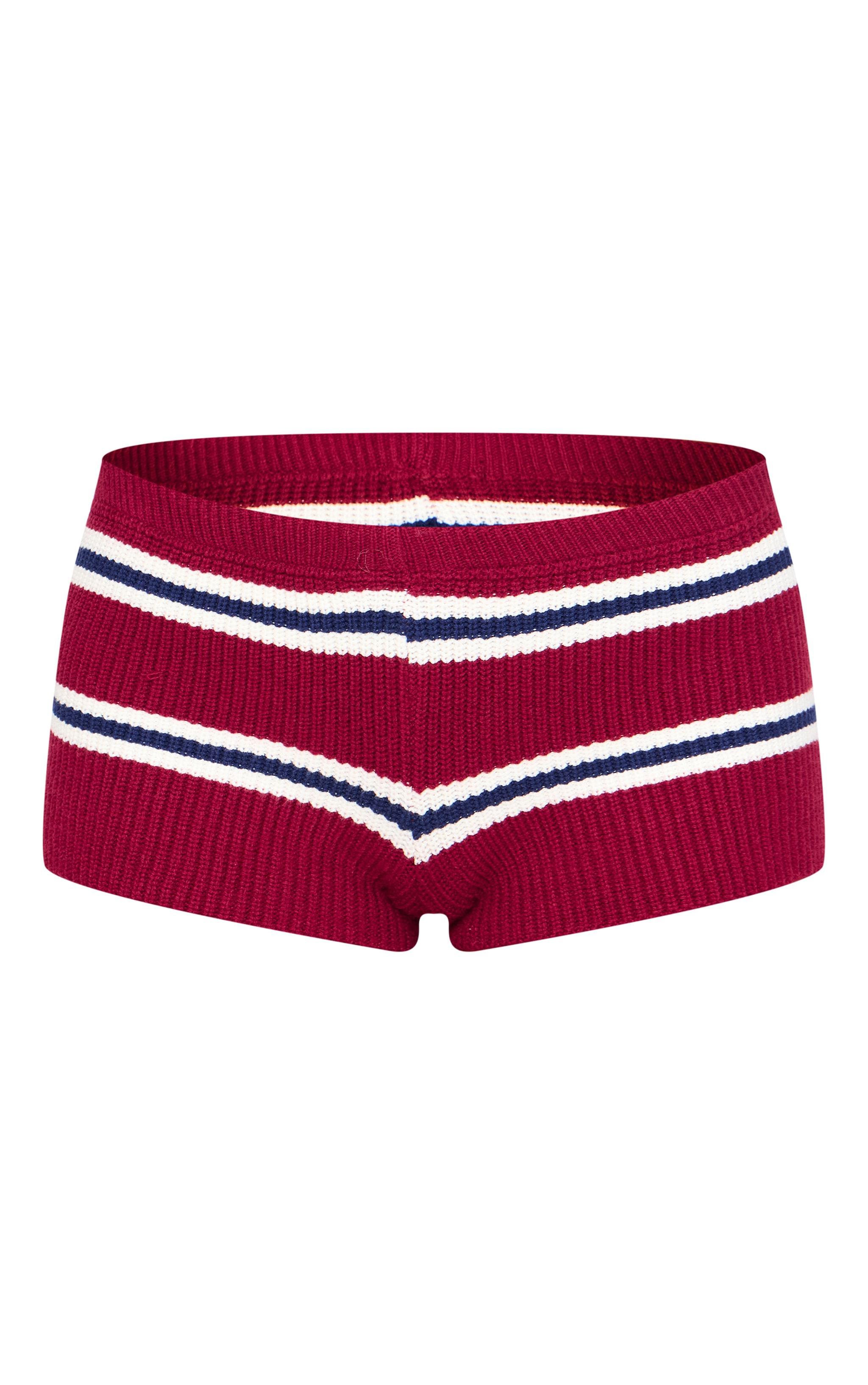 Burgundy Contrast Stripe Thick Rib Knitted Rugby Shorts Product Image