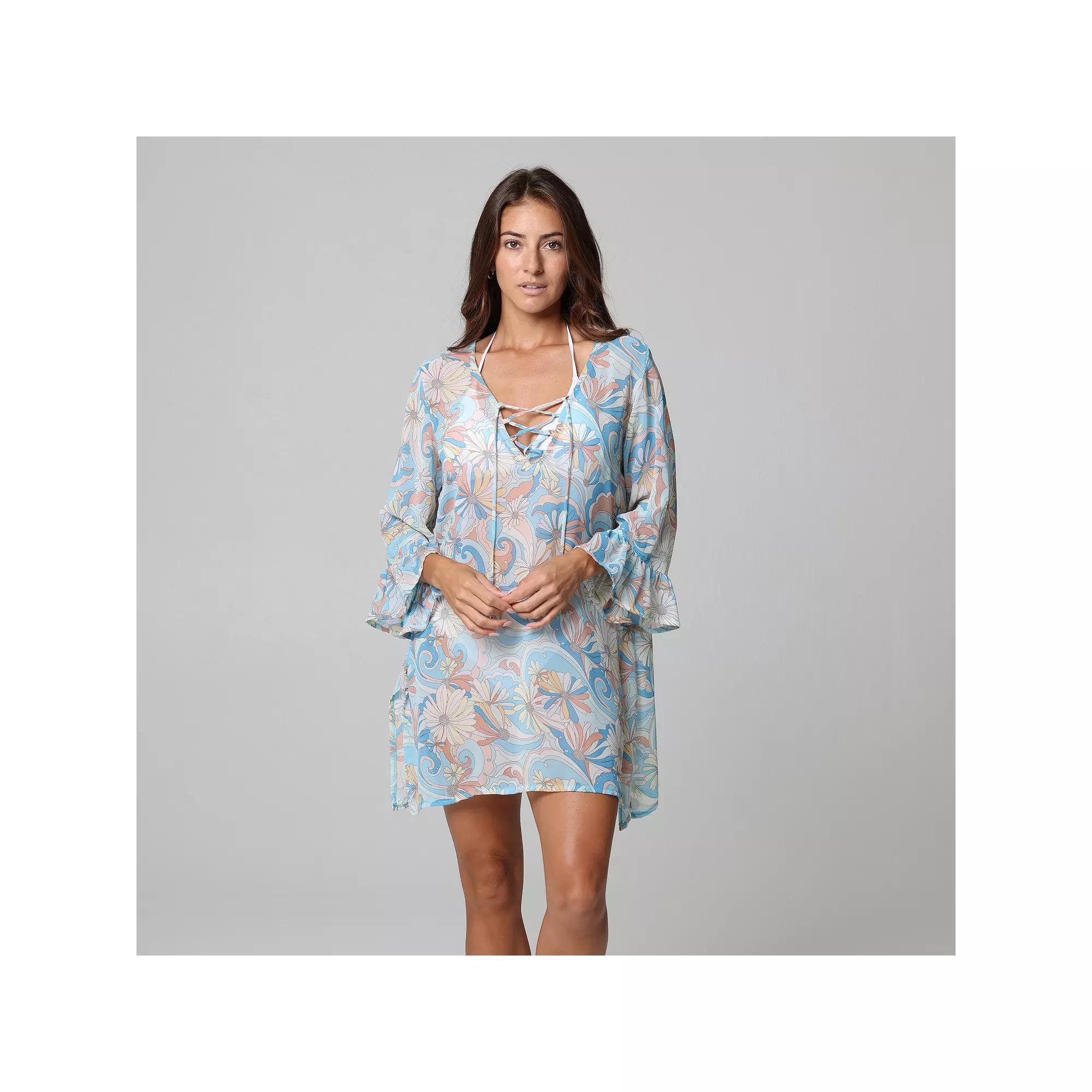 Womens J. Valdi Ruffle Sleeve Lace Up Swim Cover-Up Tunic Product Image