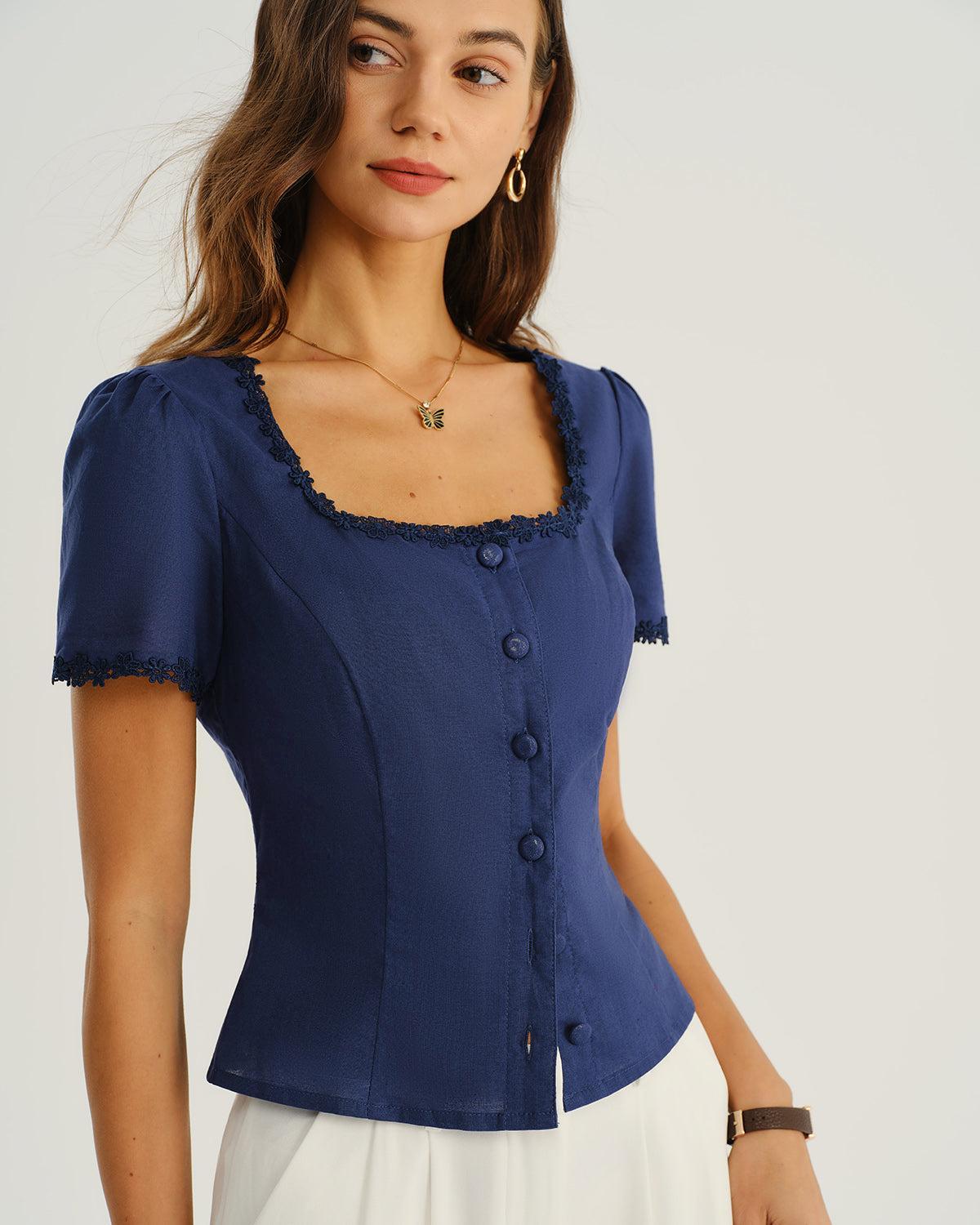 Navy Square Neck Button Blouse Product Image