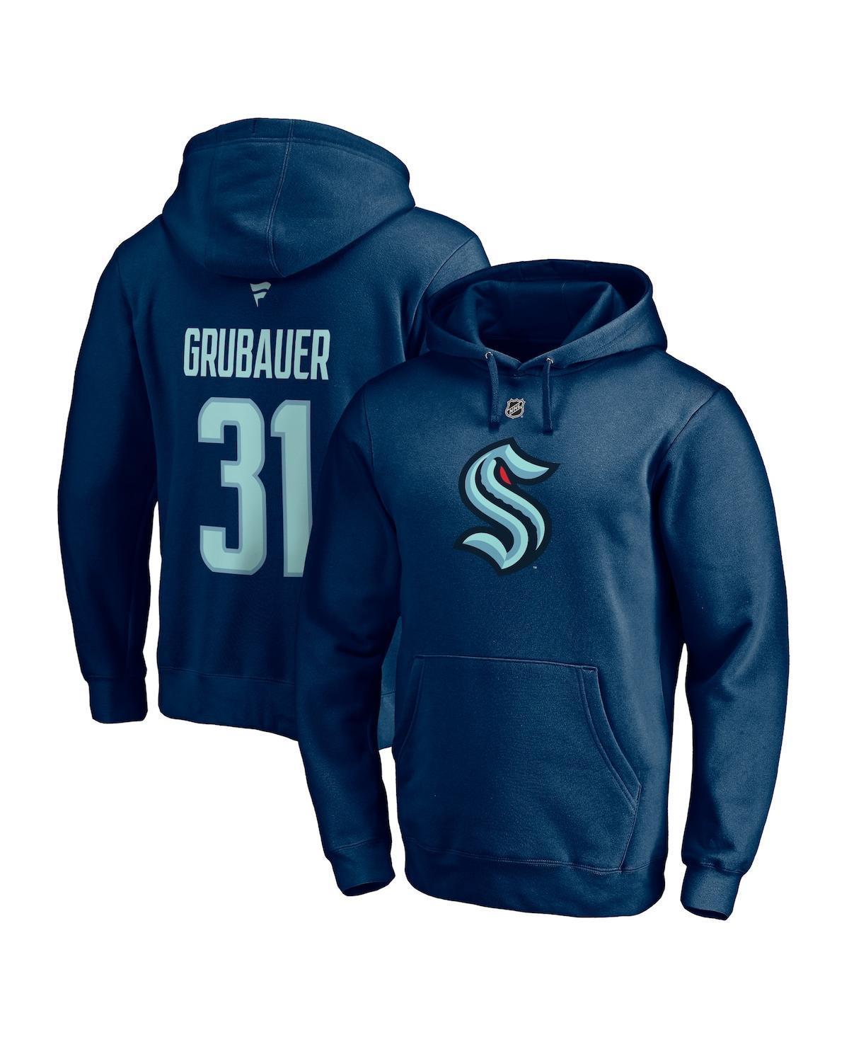 Mens Fanatics Philipp Grubauer Deep Sea Blue Seattle Kraken Authentic Stack Name and Number Pullover Hoodie Product Image