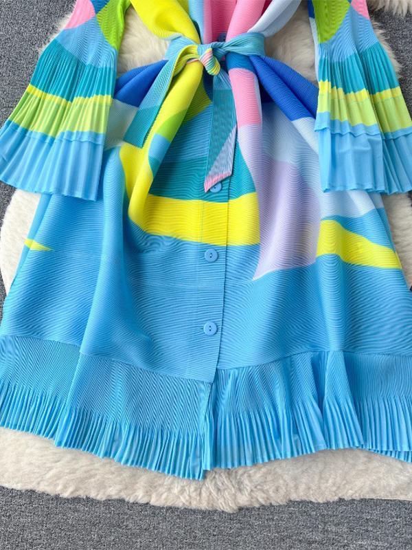 Flared Sleeves Loose Belted Contrast Color Pleated Midi Dresses Product Image