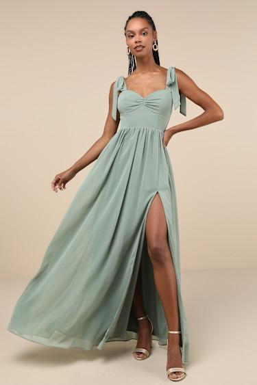 Radiant Charisma Sage Brush Chiffon Ruched Tie-Strap Maxi Dress Product Image