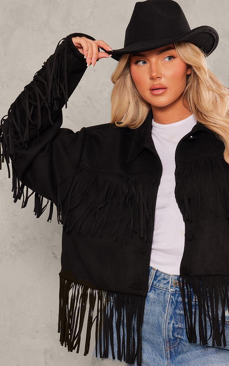 Black Faux Suede Western Fringe Detail Jacket Product Image