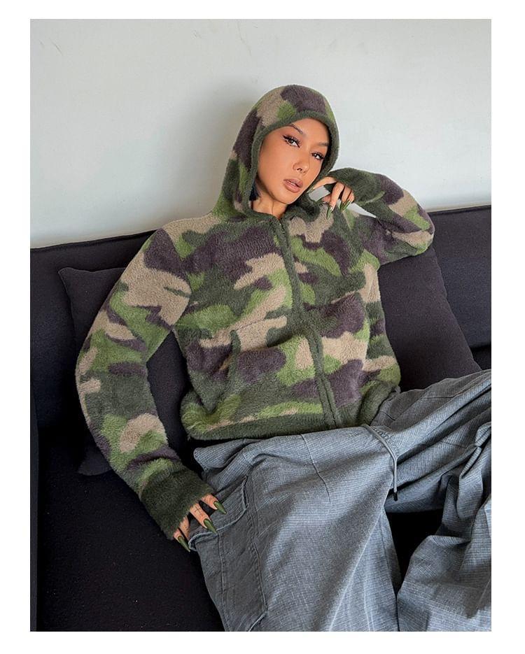 Camo Print Hooded Zip Cardigan Product Image