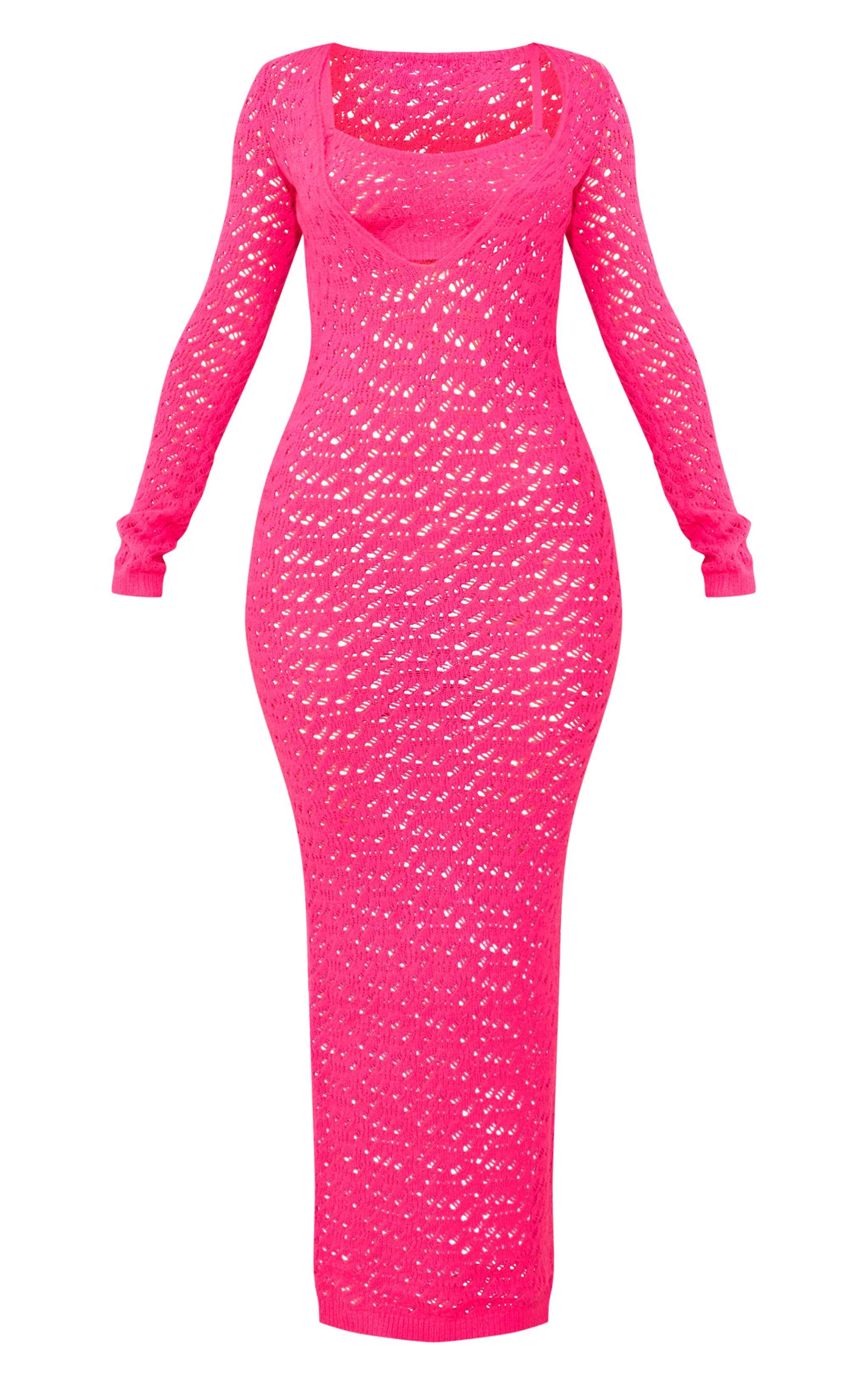 Petite Hot Pink Knitted Open Front Maxi Dress Product Image